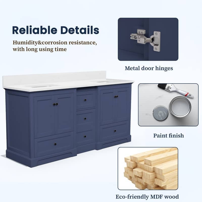 72-Inch Elegant Solid Wood Bathroom Vanity with Ceramic Top, Double Sinks, and Ample Storage