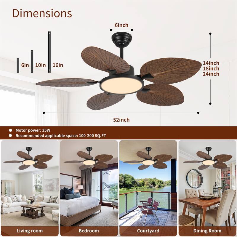 52inch Tropical Palm Leaf Ceiling Fan with Lights and Remote Control