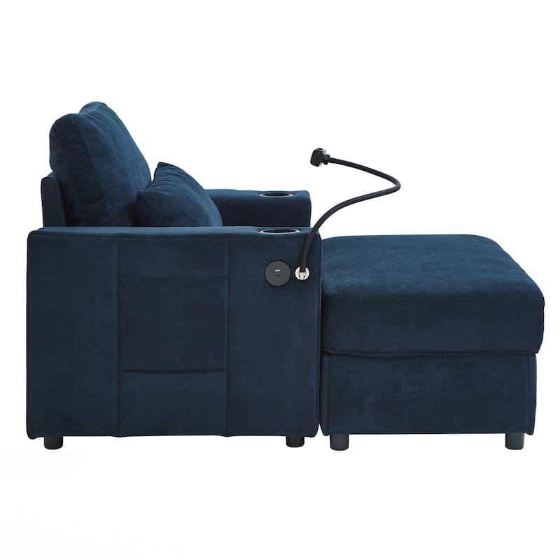 Modern Style Armchair 42.5" Chaise Lounge Sofa Couch with a Movable Storage Ottoman, Two USB Ports, Two Cup Holders