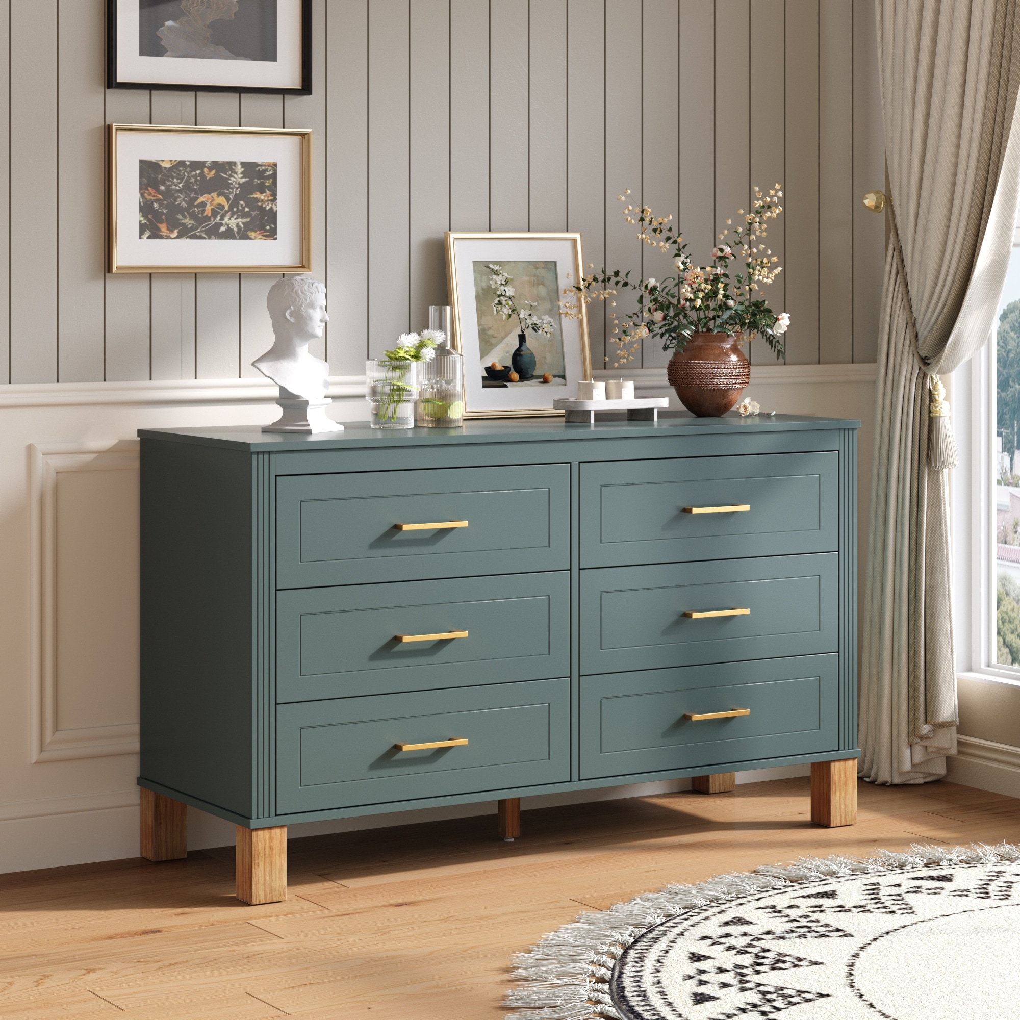 Rossetta 6-Drawer Mid-Century Modern Ribbed Lines Double Dresser Cabinet with Solid Wood Legs and Metal Handles