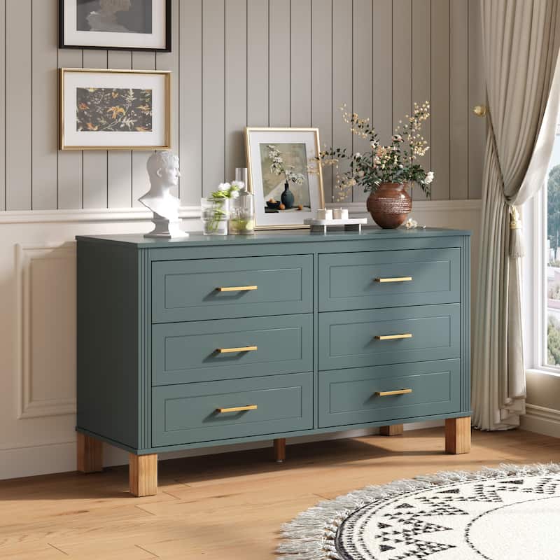Rossetta 6-Drawer Mid-Century Modern Ribbed Lines Double Dresser Cabinet with Solid Wood Legs and Metal Handles - Light Green