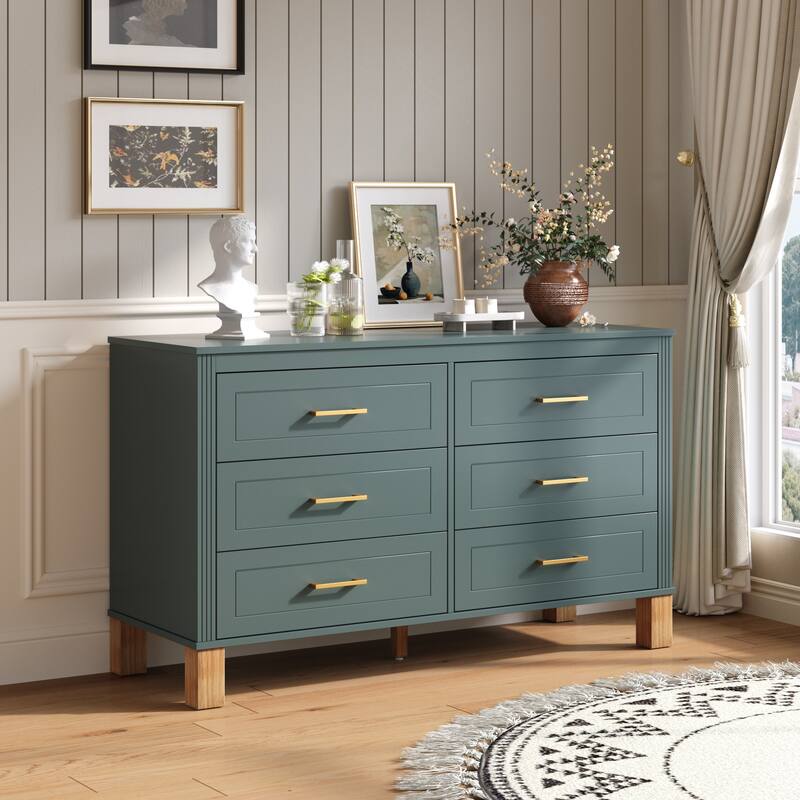 Wooden Double Dresser Dressing Table, Chest of 6 Drawers for Bedroom Living Room Entryway - Light Green - 6-drawer