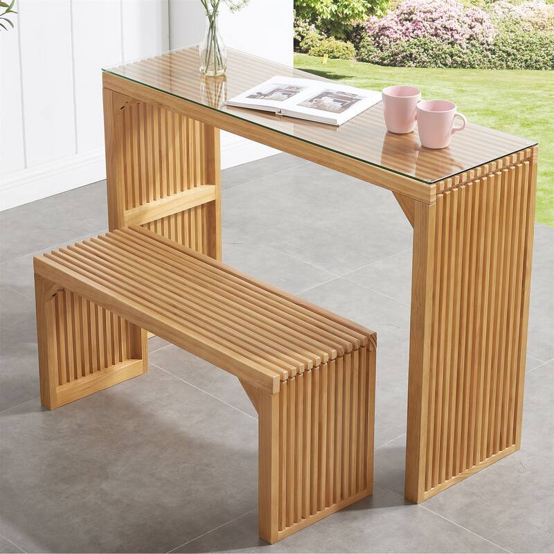 Versatile Wood Dining Bench and Table Set with Tempered Glass Top