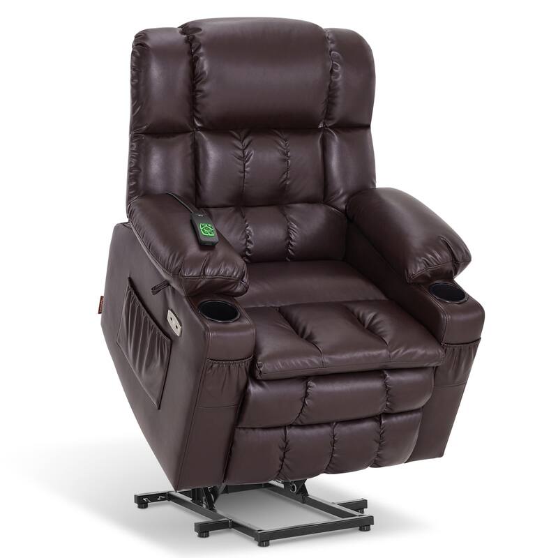 MCombo Medium Dual Motor Power Lift Recliner Chair Infinite Position, Massage and Heat, Extended Footrest, Faux Leather 7890 - Dark Brown