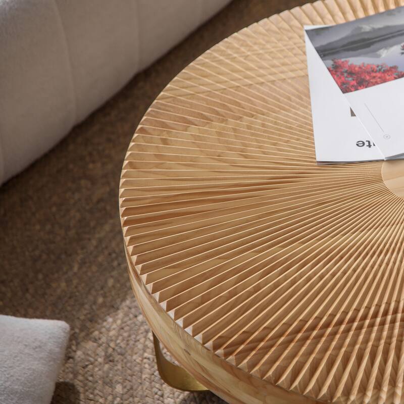 Modern Round Coffee Table Wooden Carving Pattern Coffee Table with Metal Legs, for Living Room Reception Room Office