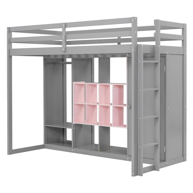 Twin Size Wood Loft Bed with Wardrobe, Shelves, and Cabinet in Gray and Pink