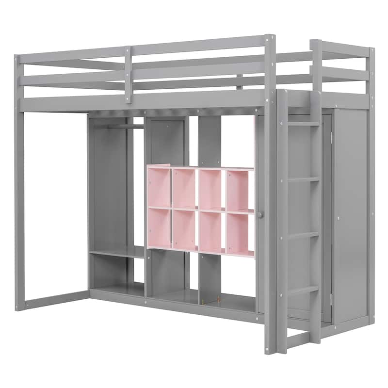 Twin Size Wood Loft Bed with Wardrobe, shelves and Cabinet, White+Yellow