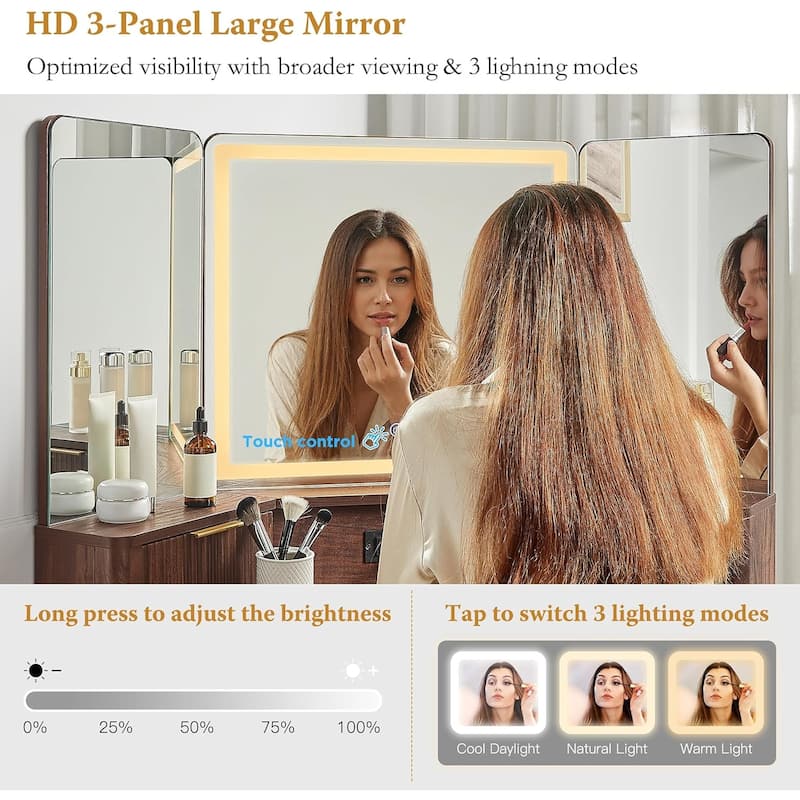 Modern Fluted Makeup Vanity Desk with 3 Way Mirror&Light, Vanity Table