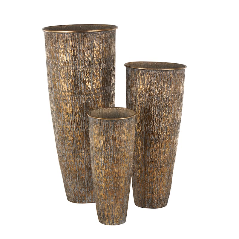 Metal Abstract Tapered Textured Floor Vase with Gray Backing - Set of 3 Brass - Roche River Decor - 17"W x 17"L x 40"H