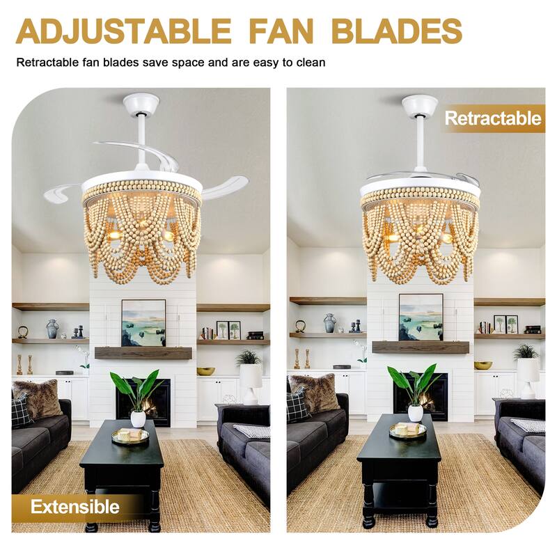 Cusp Barn 42" Retractable Ceiling Fan with Light, Farmhouse Wooden Bead Chandelier, Quiet DC Motor 6 Speeds Bohemian Ceiling Fan