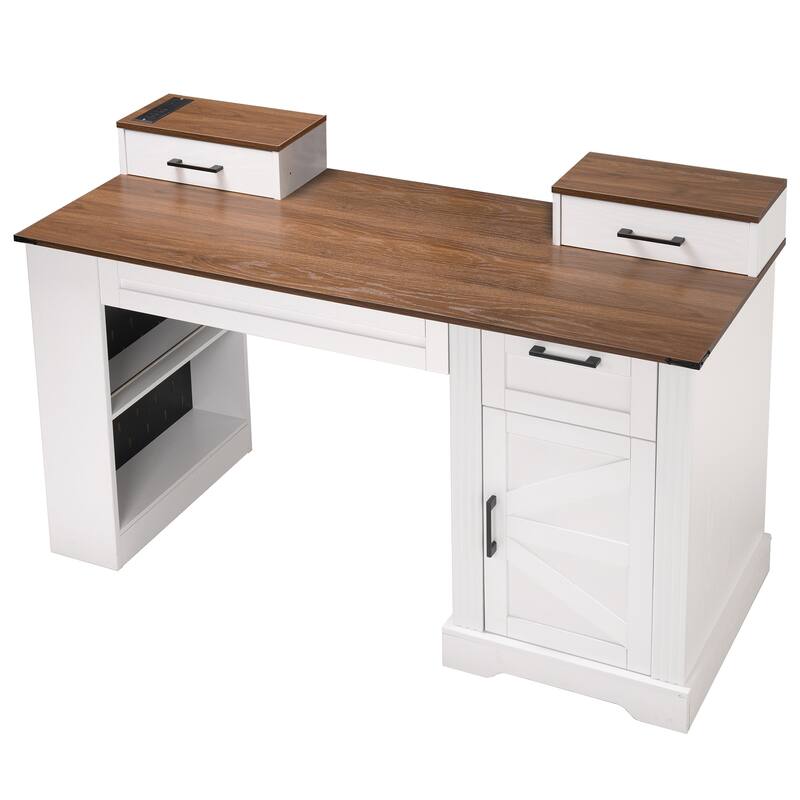 55" Farmhouse Office Desk with Storage, Charging Station, Barn Door & Keyboard Tray