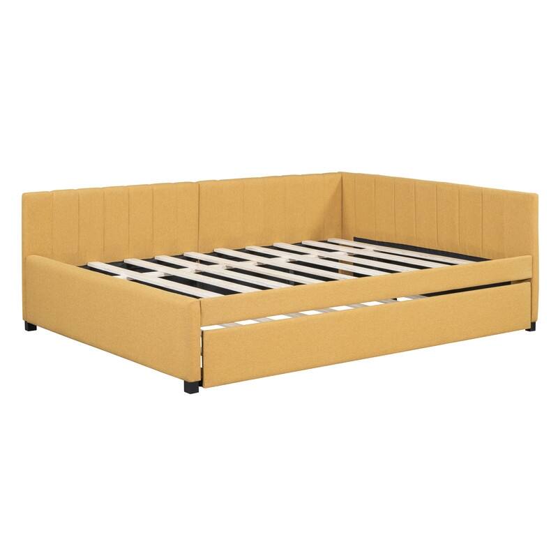 Full Size Upholstered Daybed with Trundle Sofa Bed Frame No Box Spring Needed, Linen Fabric