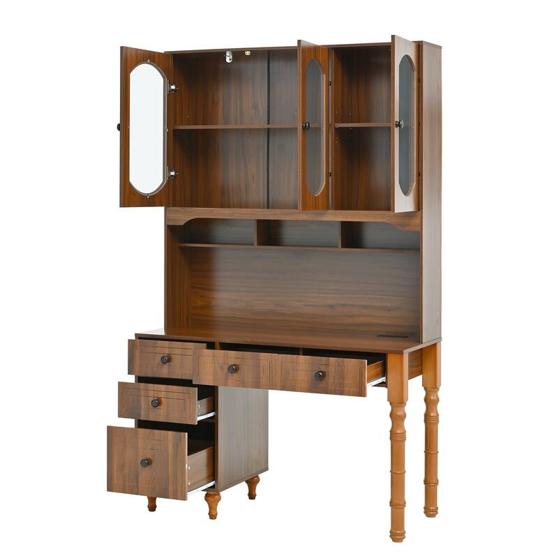 Retro Office Desk Executive Computer Desk with Charging Ports & Hutch, 5 Storage Drawers, Glass-Door Bookshelf