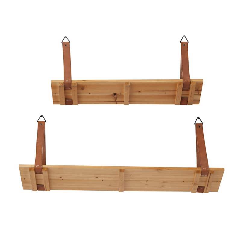 Wood 2 Shelves Wall Shelf with Faux Leather Straps - Set of 2 Brown - CosmoLiving by Cosmopolitan - 6"W x 24"L x 9"H
