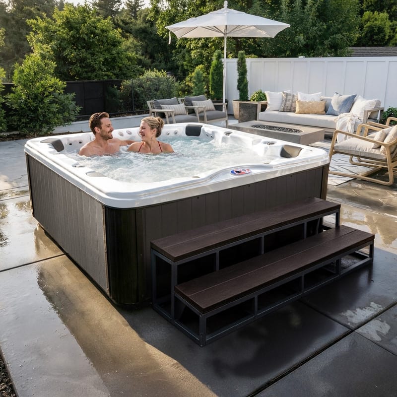 American Spas 7-Person 100-Jet Premium Acrylic Bench Spa Standard Hot Tub with Bluetooth Sound System and LED Waterfall