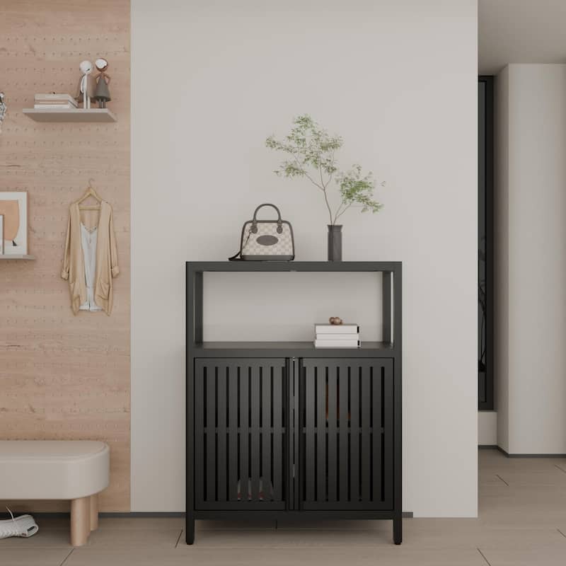 Anmytek Black Bamboo Storage Cabinet with Open Shelf, Large Capacity Freestanding Organizer for Entryway, Bathroom, Living Room - Black - Natural Finish