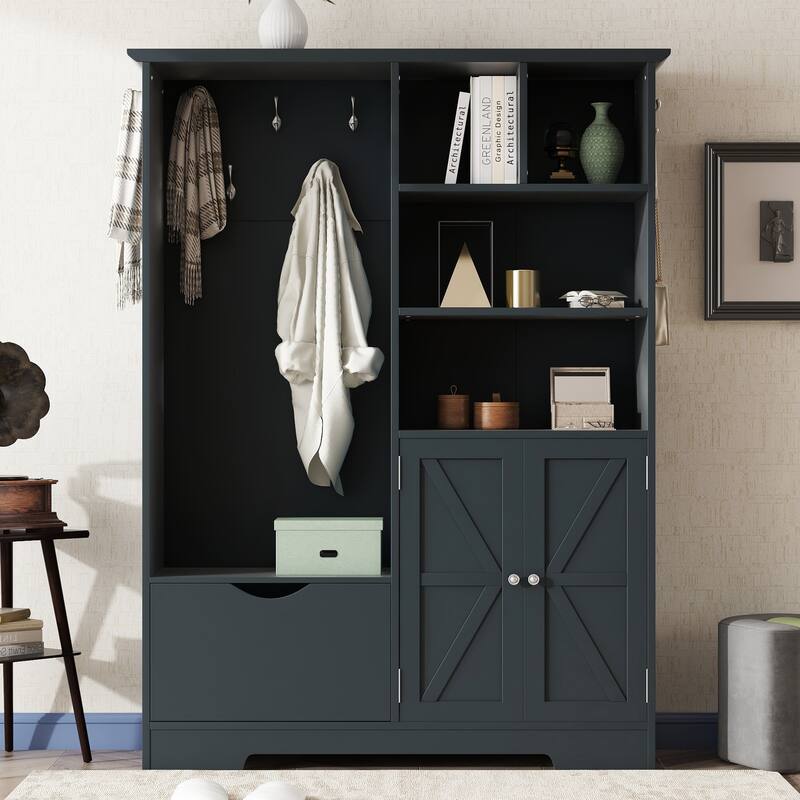 Elegant Hall Tree Hallway Shoe Cabinet with Storage Bench, Shelves, Drawers, and Coat Rack for Entryway, Hallway Organizer