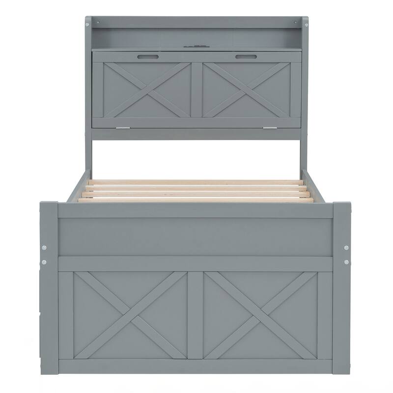 Twin Size Wooden Bed with Storage Headboard with Outlets