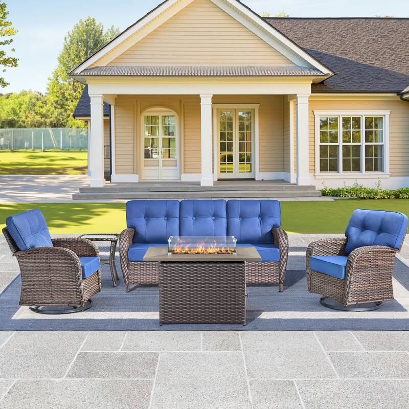 5 Pieces Outdoor Sofa Chair with 41" Fire Table - Brown Wicker & Grey Cushion
