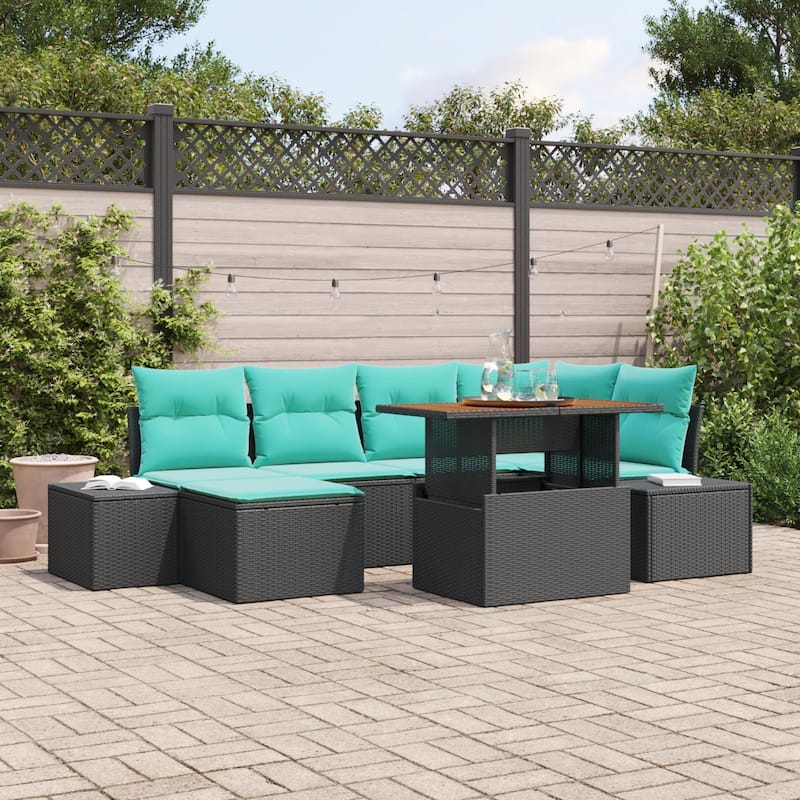vidaXL 7 Garden Sofa Set with Cushions Black/Grey Poly Rattan - 103.9 x 60.6 x 27.2 - Black
