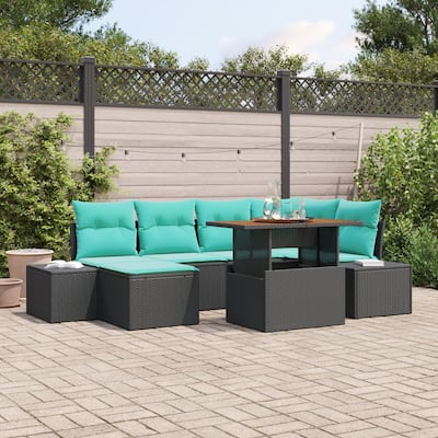 vidaXL 7 Piece Garden Sofa Set with Cushions Black Poly Rattan - 103.9×60.6×27.2