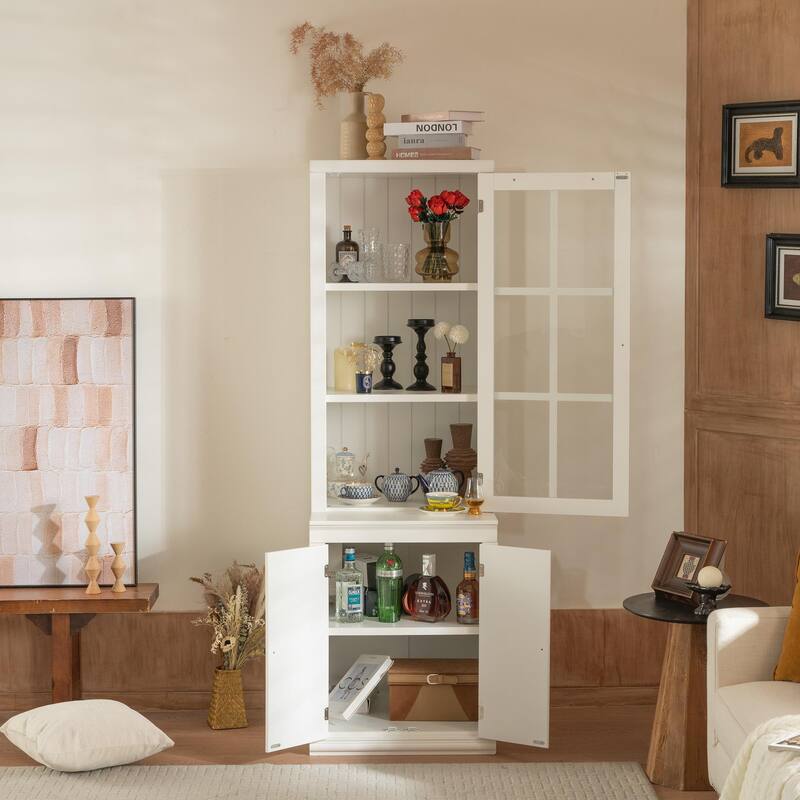 75.25'' Tall Display Cabinet with Single Tempered Glass Door, China Cabinet Hutch Cabinet with Double-Action LH & RH Door