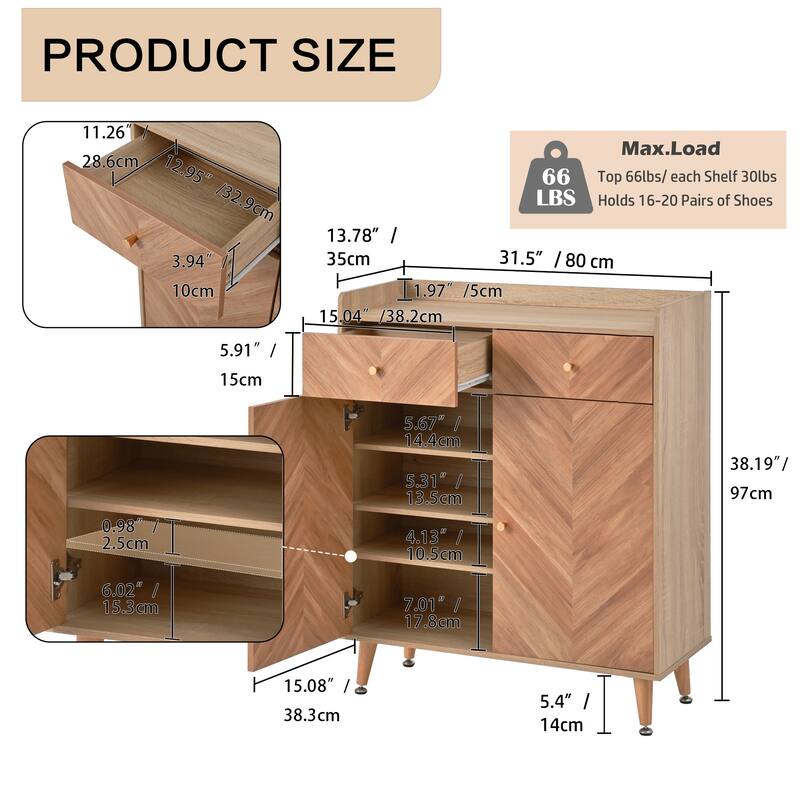 GDFStudio Thatch Shoe Cabinet with Commercial-Grade Laminate Herringbone Storage and Adjustable Shelves
