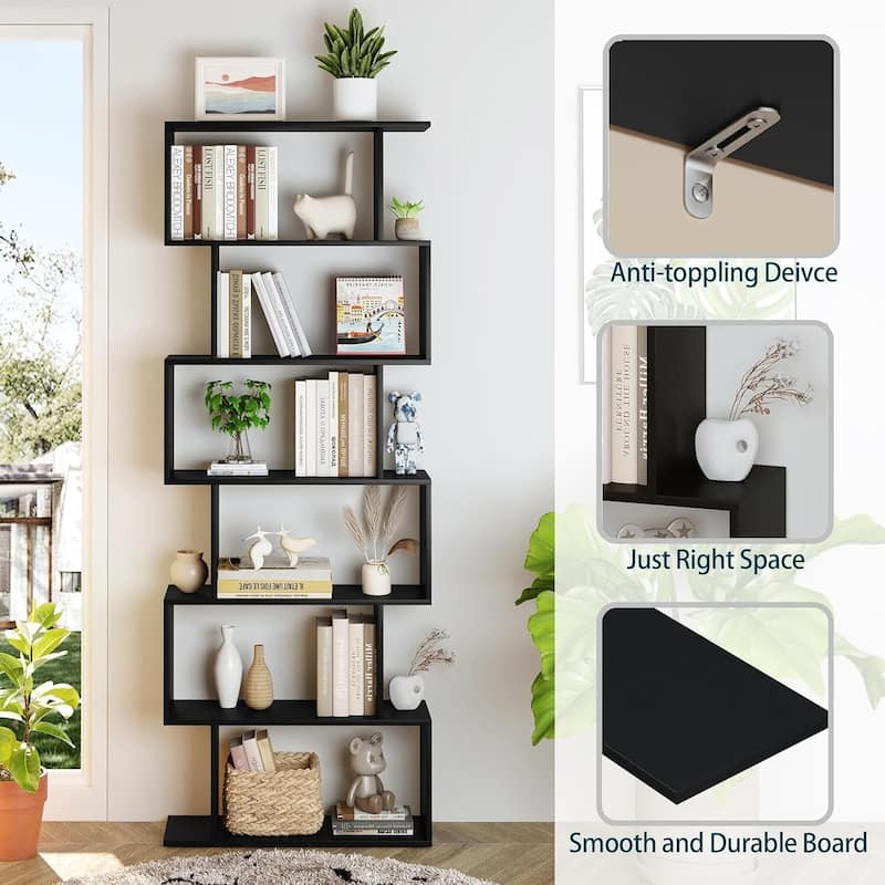 S-Shaped Bookshelf, Black Geometric Bookcase for Home & Office