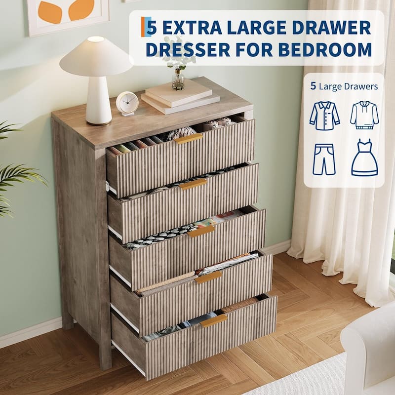Fluted 5 Drawer Dresser, 45 Inch Tall Slim Dresser for Small Spaces, Modern Farmhouse Wooden Chest of Drawers for Bedroom