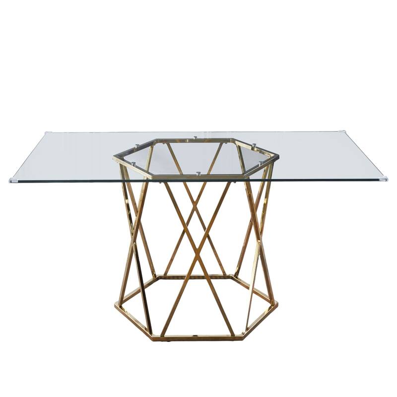 HomeRoots 63" Clear and Gold Glass and Metal Geo Pedestal Base Dining Table - 63 in. x 30 in. x 35.5 in.