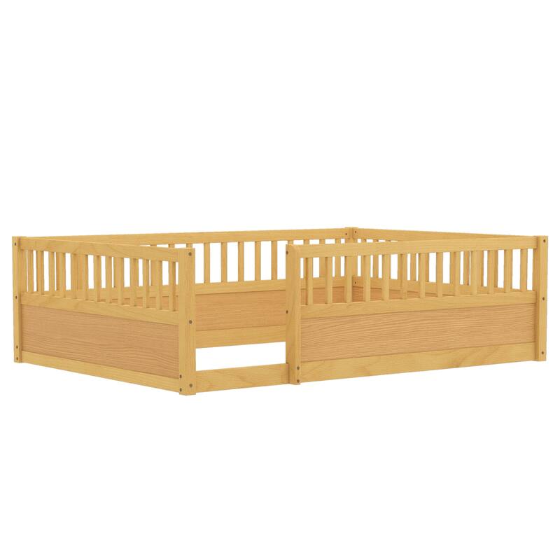 Solid Wood Floor Bed Frame without Slats, Montessori Kids Floor Beds with Full Length Fence, No Box Spring Needed