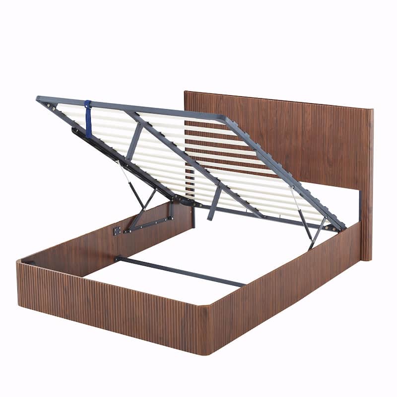 Queen Size Lift-Up Storage Bed Frame with Wooden Corrugated Curved Lines
