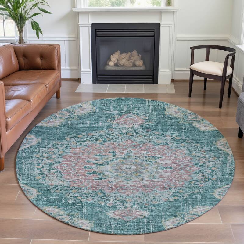 Premium Washable Super Soft Vintage Traditional Mayfield Rug - Teal - 8' x 8'