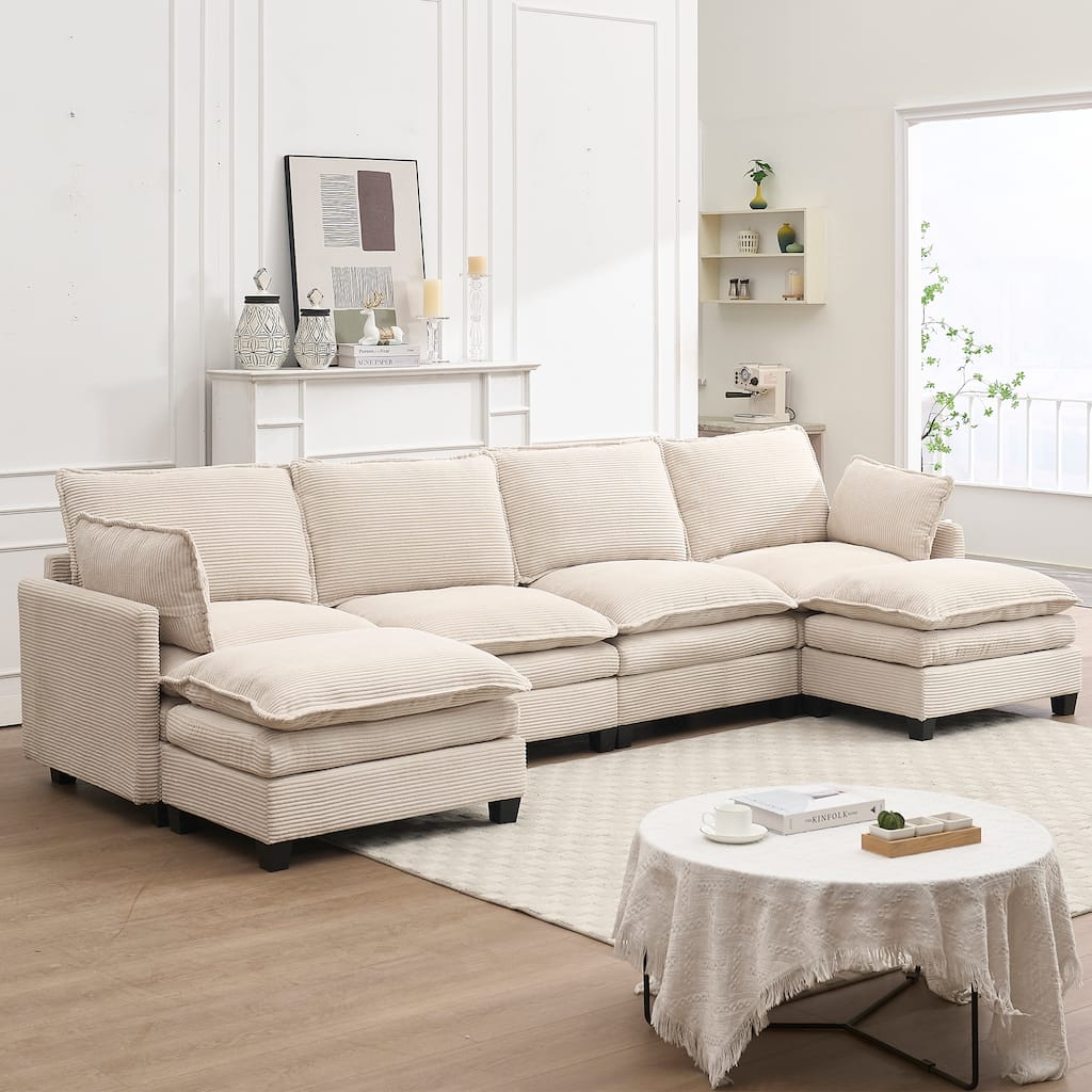 137" Velvet U-Shaped Sectional Sofa with 2 Ottomans, Deep Seat