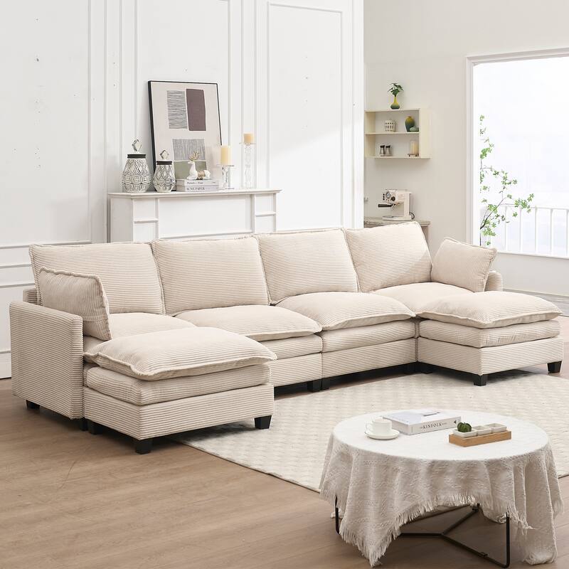 New Oversized Modular Velvet U-Shaped 4-Seat Sofa with 2 Ottoman and 2 Lumbar Pillow - Multi-Color