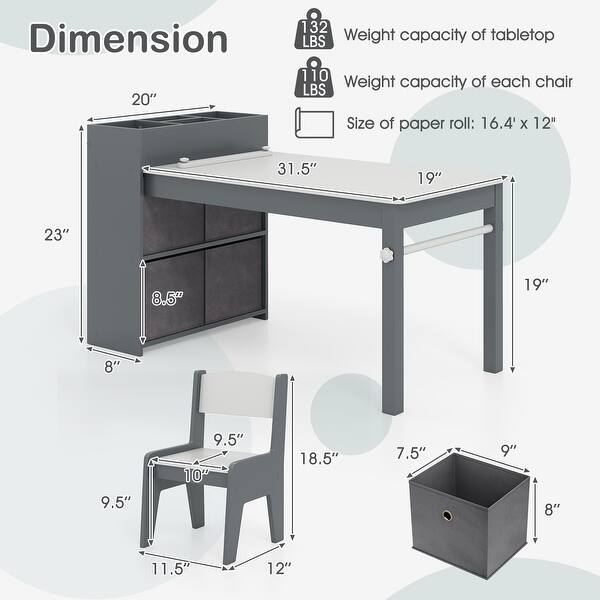 dimension image slide 0 of 2, Kids Art Table and 2 Chairs Set with 4 Fabric Storage Bins and 4 Compartments - 39.5" x 20" x 23" (L x W x H)