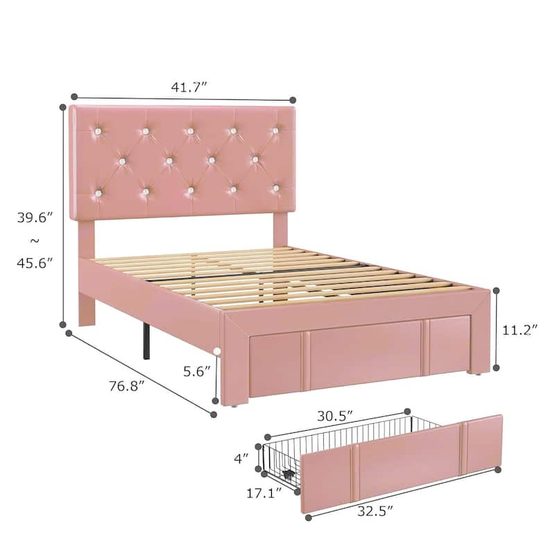 VECELO Bed Frame with Storage Drawers Leather Upholstered with Diamond Tufted Headboard Solid Wood Slat Support