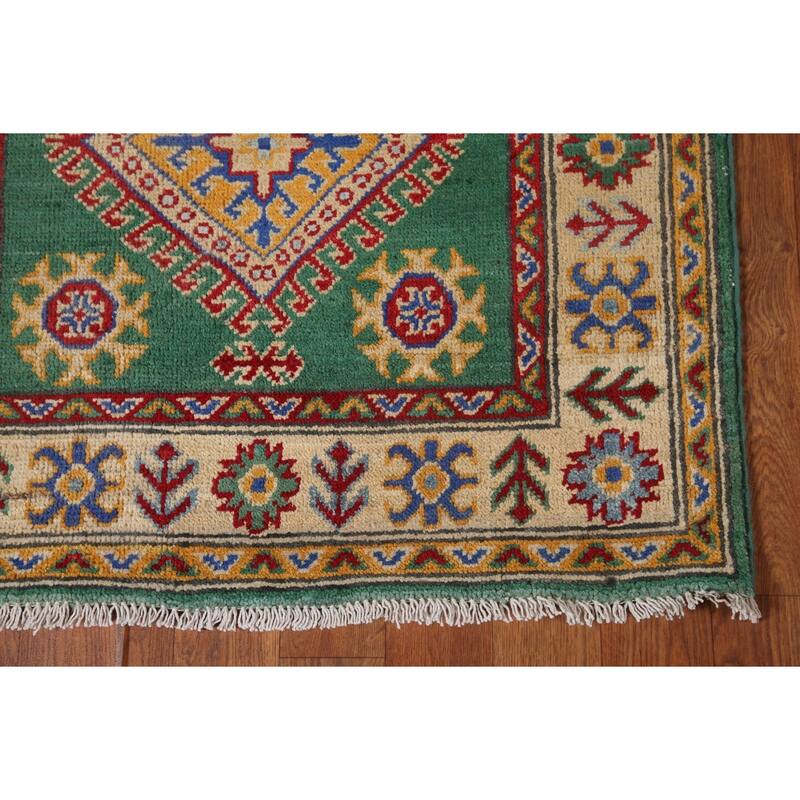 Traditional Green Kazak Runner Rug Hand-Knotted Wool Carpet - 2'8" x 16'4"