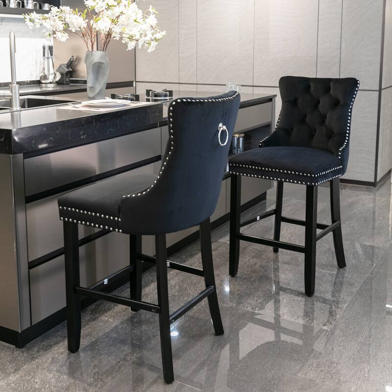 Contemporary Velvet Upholstered Barstools Leisure Style Bar Chairs Set of 2