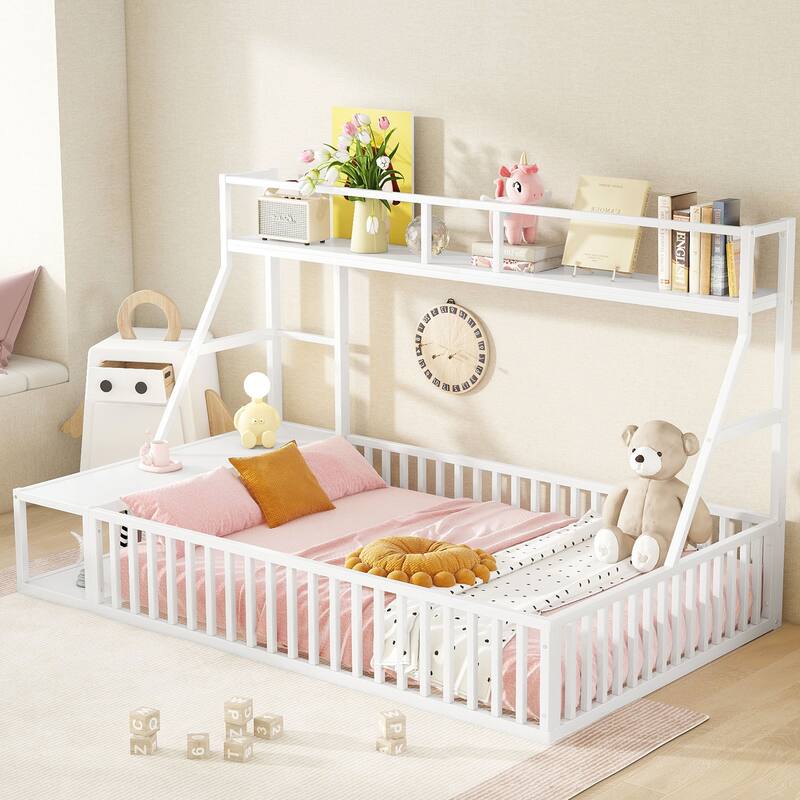 Kids Full Size Floor Bed with Safety Fence, Metal Frame, Desk & Storage - Playhouse Design, Black - White - Full