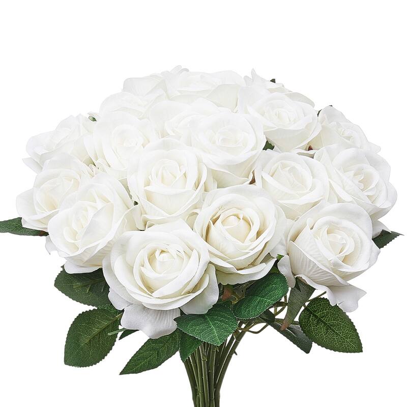 White Velvet Artificial Roses with 60 Stems Flexible Wire and Layered Bloom - 3.9 x 3.9 x 20.1 inch