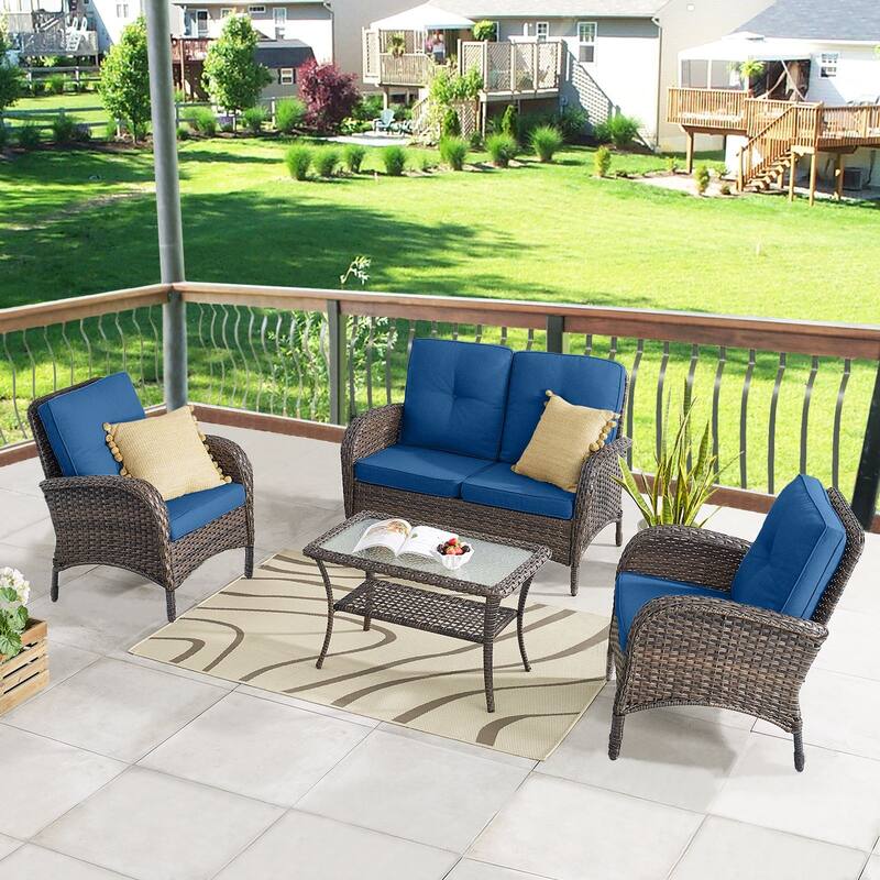 Pocassy Outdoor Loveseat Sofa with Table Funiture Set - Brown Wicker Blue Cushion - 4PCS Loveseat Sofa with Chairs Set