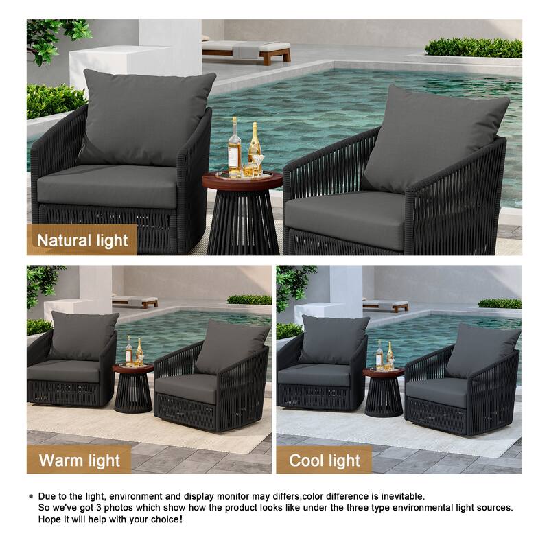 3-Piece Outdoor Rattan Swivel Lounge Chair Set Barrel Chairs for Backyard