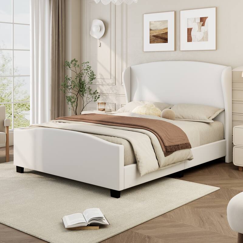 Roomfitters Full/Queen/King Size Upholstered Bed, Wingback Linen Frame, 51" High Headboard, No Box Spring Needed - Beige - King