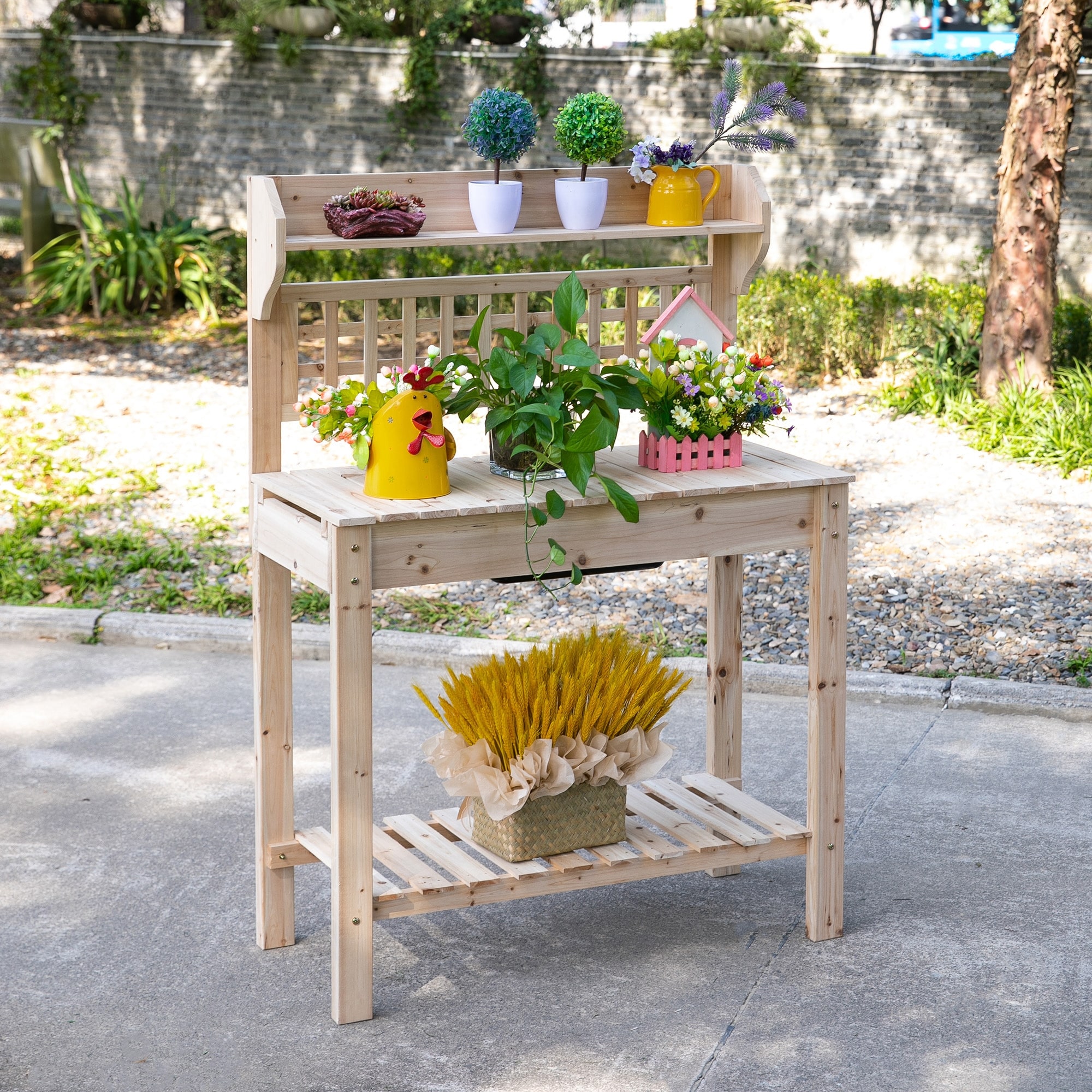 Outsunny 39'' x 18'' x 55'' Wood Garden Potting Work Table with Hidden Storage, Sink Basin, & Below Clapboard