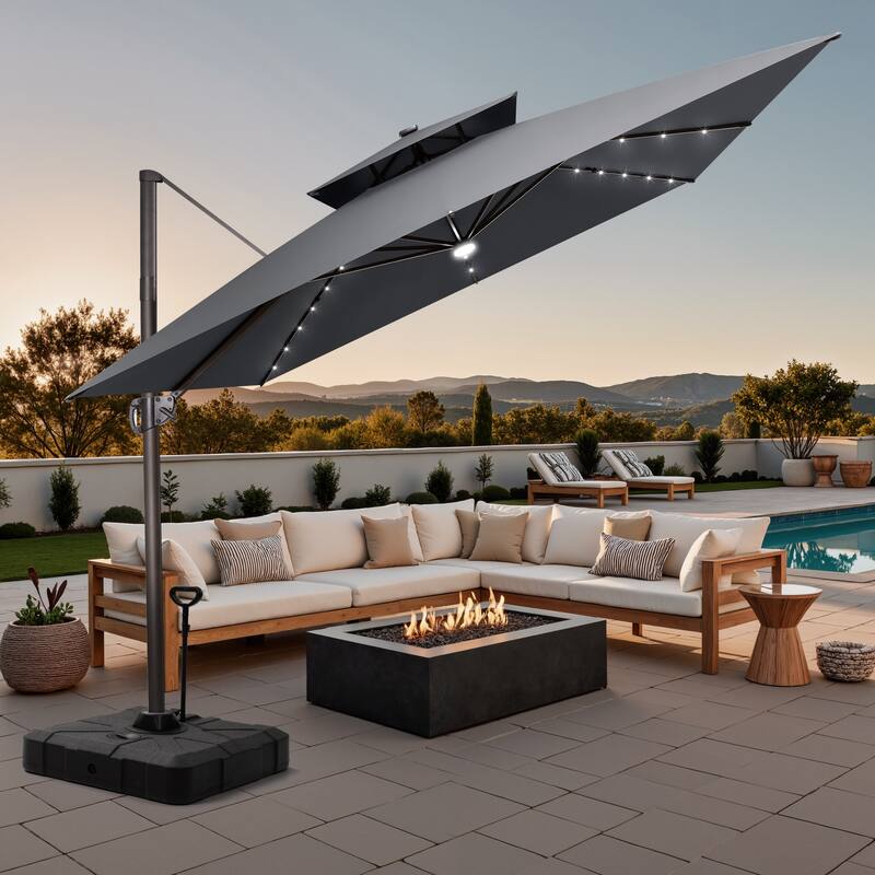 11 FT Square Outdoor Patio Cantilever Umbrella with Solar Lights Rod Wheel Base Double Canopy 360 Rotation Tilt - DarkGrey