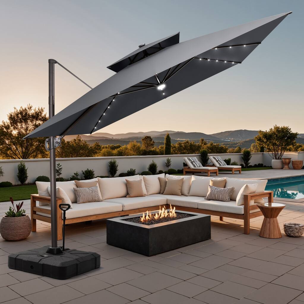 11 FT Square Outdoor Patio Cantilever Umbrella with Solar Lights Rod Wheel Base Double Canopy 360 Rotation Tilt