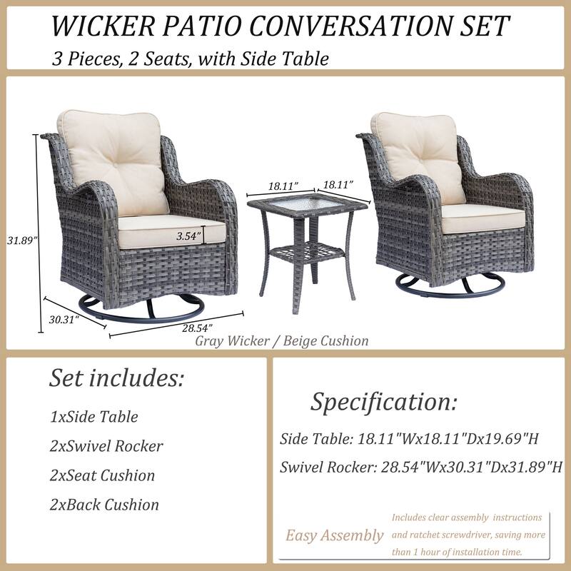 3 Piece Outdoor Patio Conversation Wicker Furniture Swivel Chairs Sets