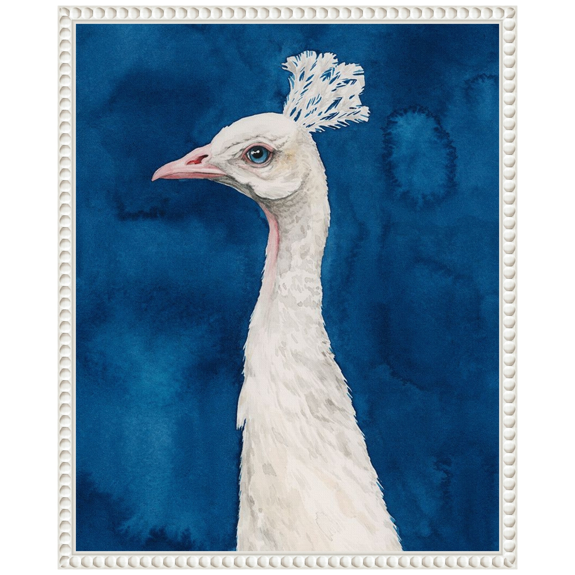 Snowy Peacock II by Grace Popp Framed Canvas Wall Art - Sylvie Beaded White