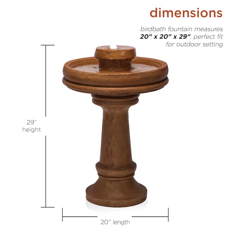 Alpine Corporation TZL202 Outdoor Floor Vintage Pedestal Water Fountain with Bird Bath and LED Lights, 29", Brown